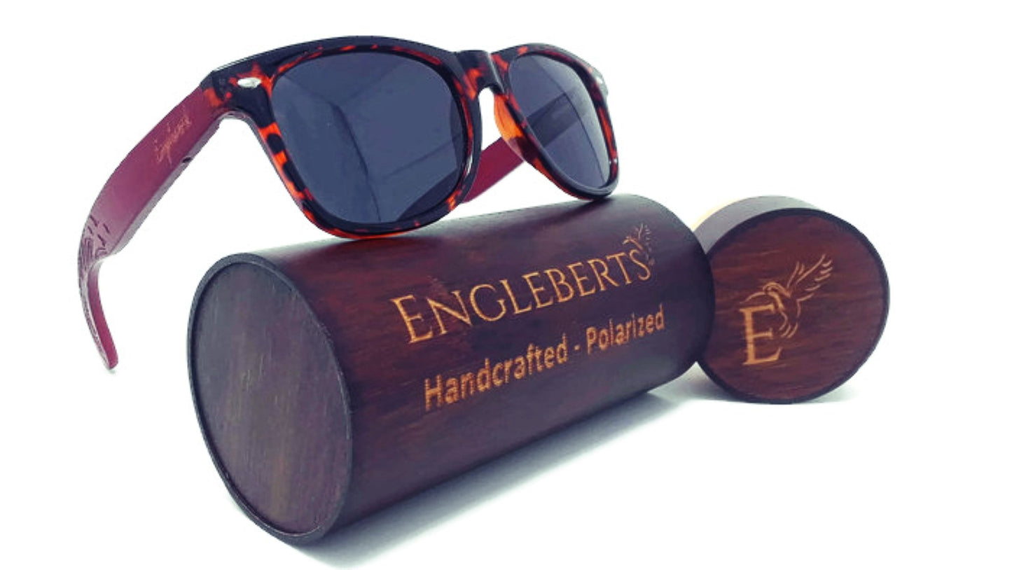Red Bamboo Tortoise Framed Sunglasses With Wood Case, Artisan Engraved-The Friend Kloset