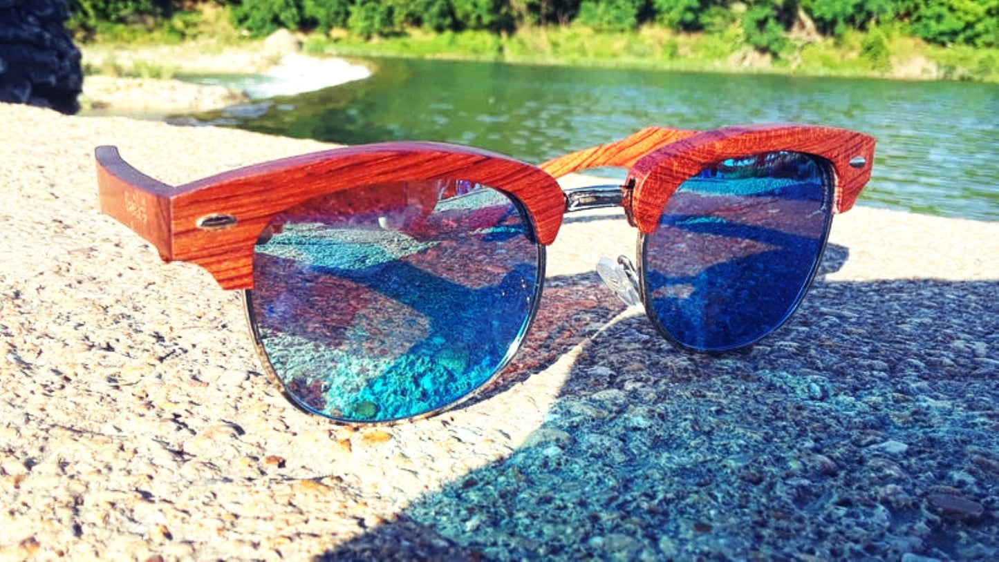 Brazilian Pear Wood Sunglasses, Ice Blue Polarized Lenses-The Friend Kloset