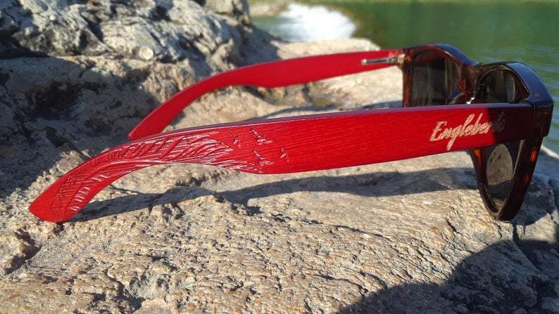 Red Bamboo Tortoise Framed Sunglasses With Wood Case, Artisan Engraved-The Friend Kloset
