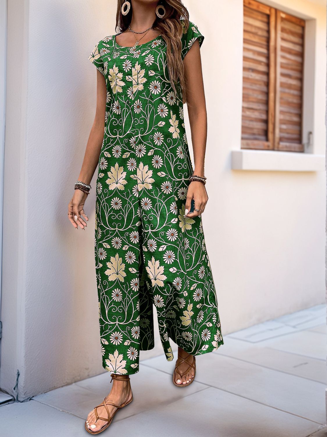 Perfee Printed Round Neck Cap Sleeve Wide Leg Jumpsuit