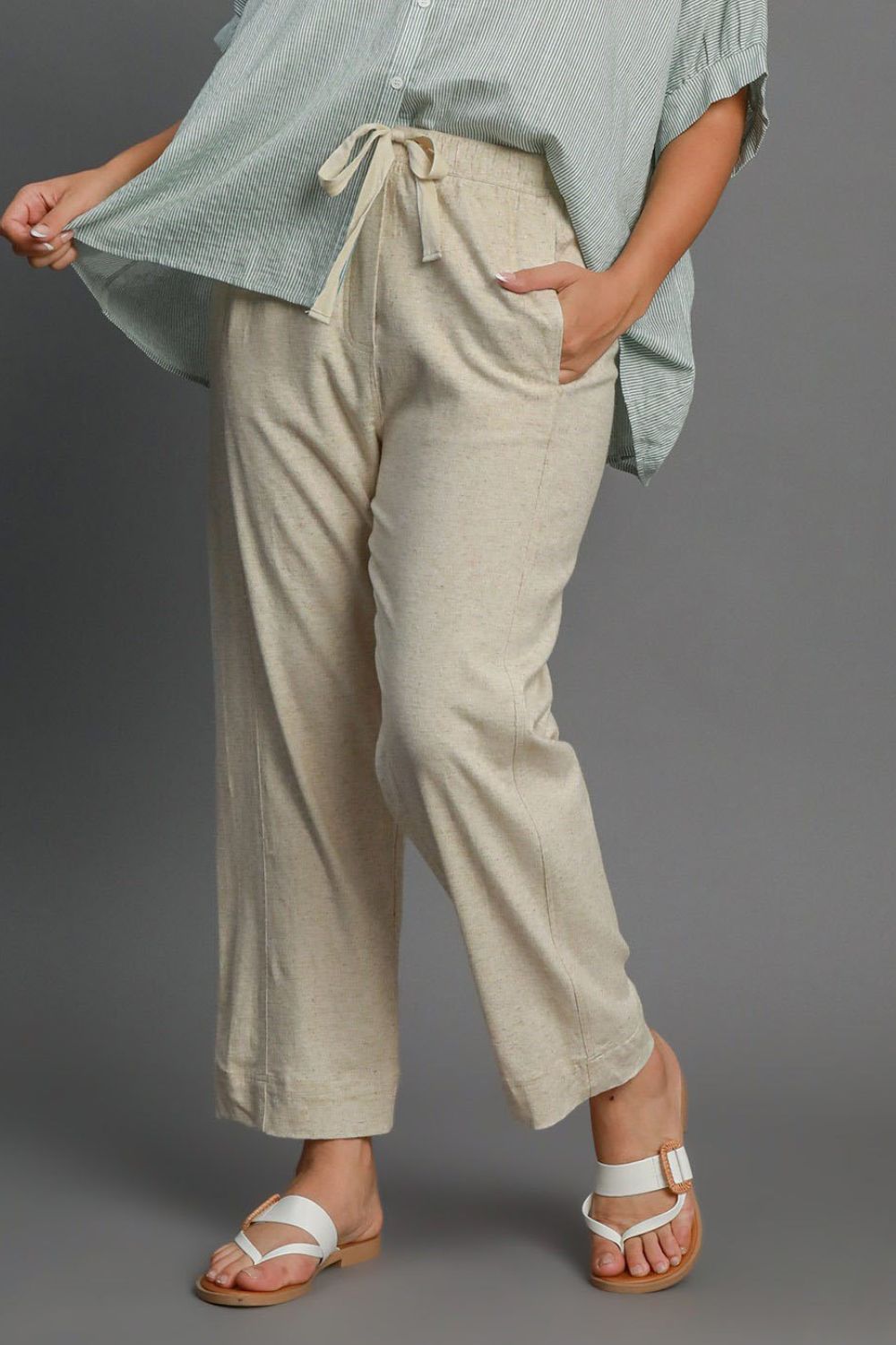 Umgee Full Size Drawstring Elastic Waistband Linen Blend Pants Plus