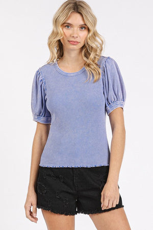 Mittoshop Mineral Wash Puff Sleeve Rib Knit Top