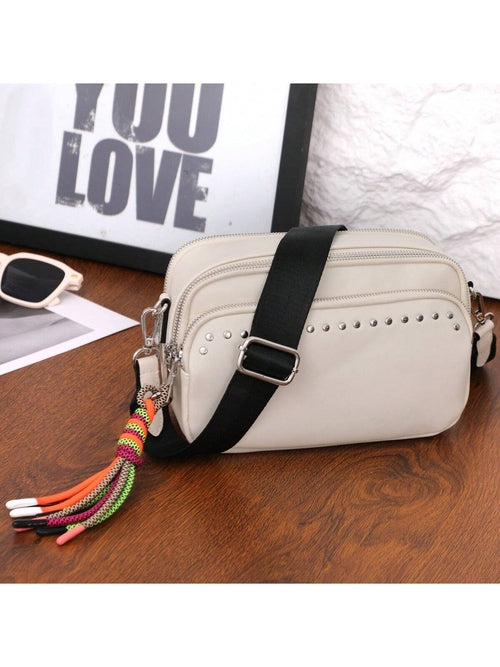 Women Small Crossbody Bag Beige With Multiple Pockets Trendy Tassel