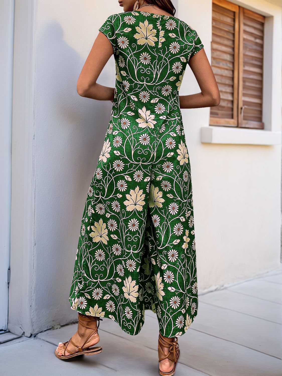 Perfee Printed Round Neck Cap Sleeve Wide Leg Jumpsuit