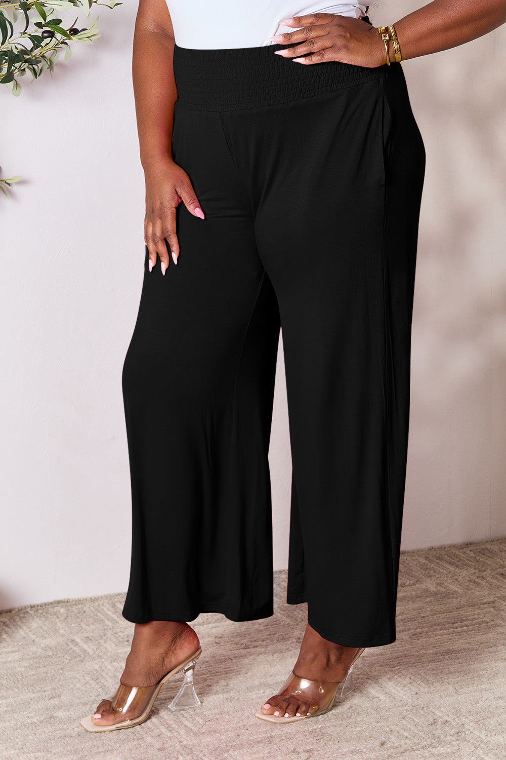 Basic Bae Full Size Smocked with Wide Waistband & Wide Leg Pants