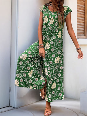 Perfee Printed Round Neck Cap Sleeve Wide Leg Jumpsuit