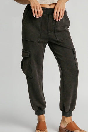 Umgee Full Size Mineral Washed Elastic Waist Cargo Pants Plus Size