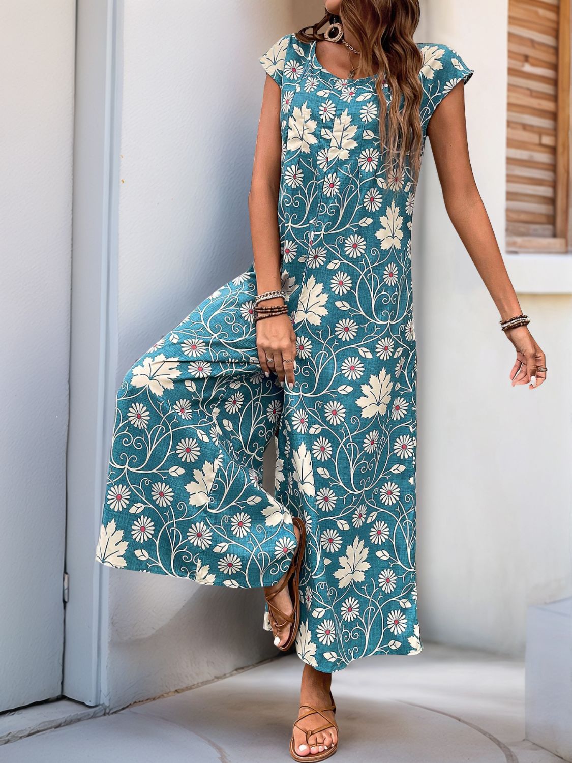 Perfee Printed Round Neck Cap Sleeve Wide Leg Jumpsuit