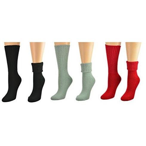 Solid Color Ribbed Crew Turn cuff Soft Acrylic Socks 3 Pair Pack Socks