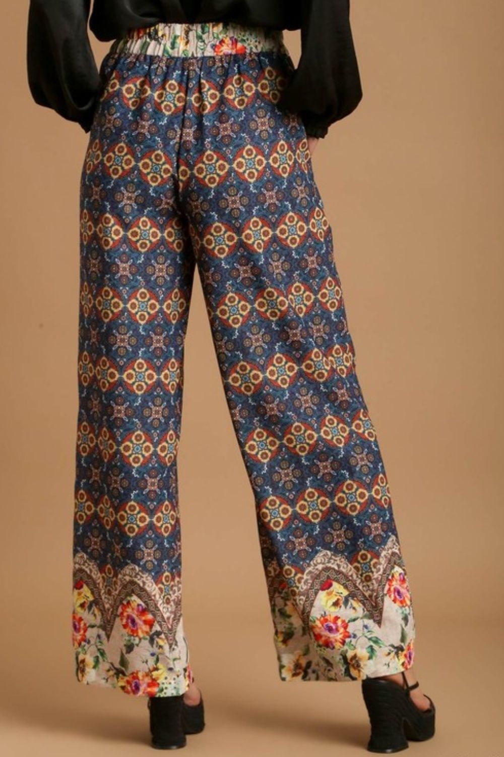 Umgee Full Size Mixed Print Elastic Waistband Pants Plus Size