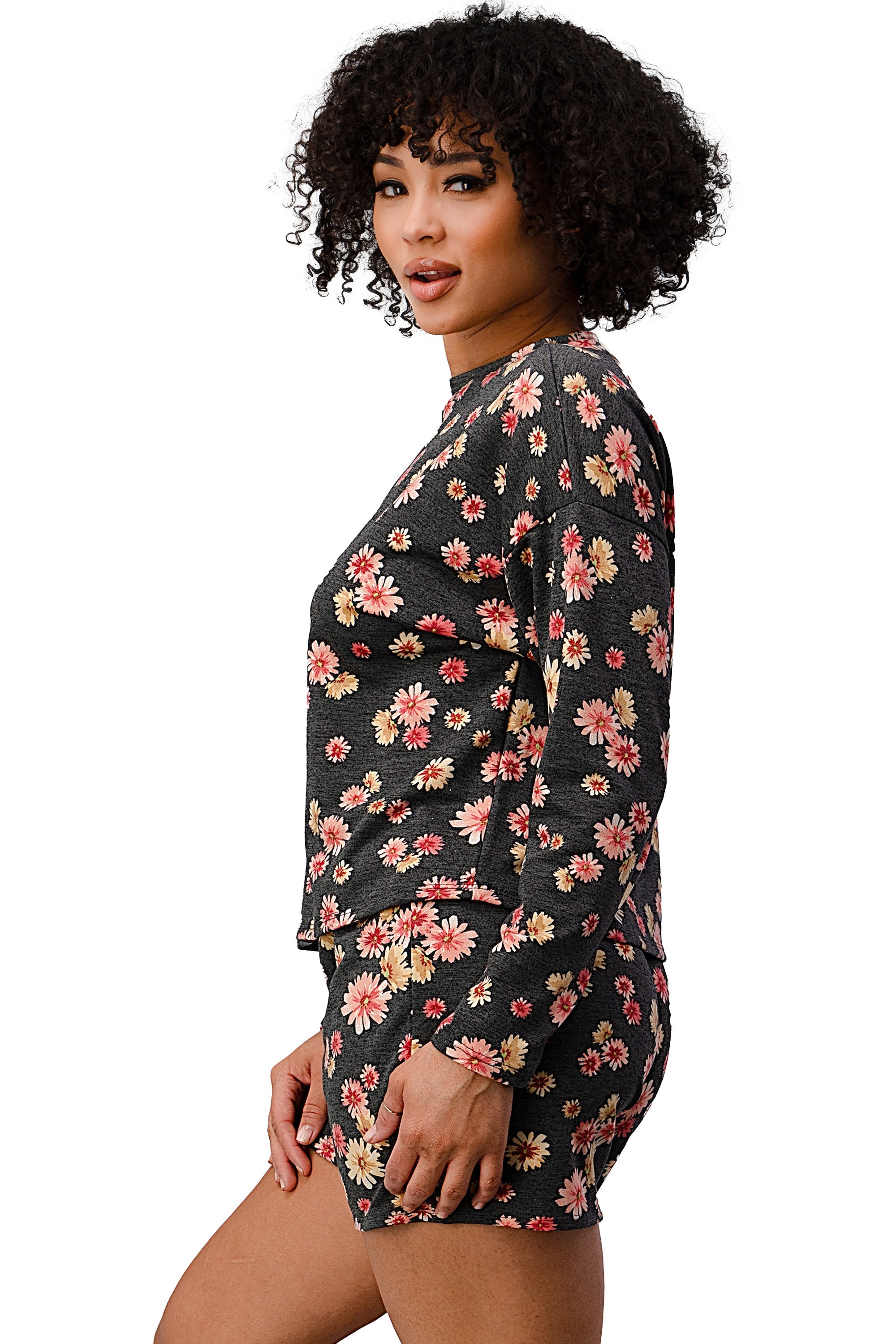 Floral Lounge Set - Comfy Long Sleeve Top and Shorts