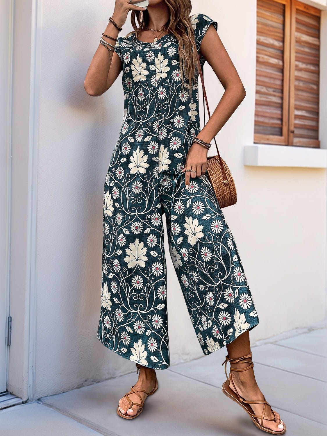 Perfee Printed Round Neck Cap Sleeve Wide Leg Jumpsuit