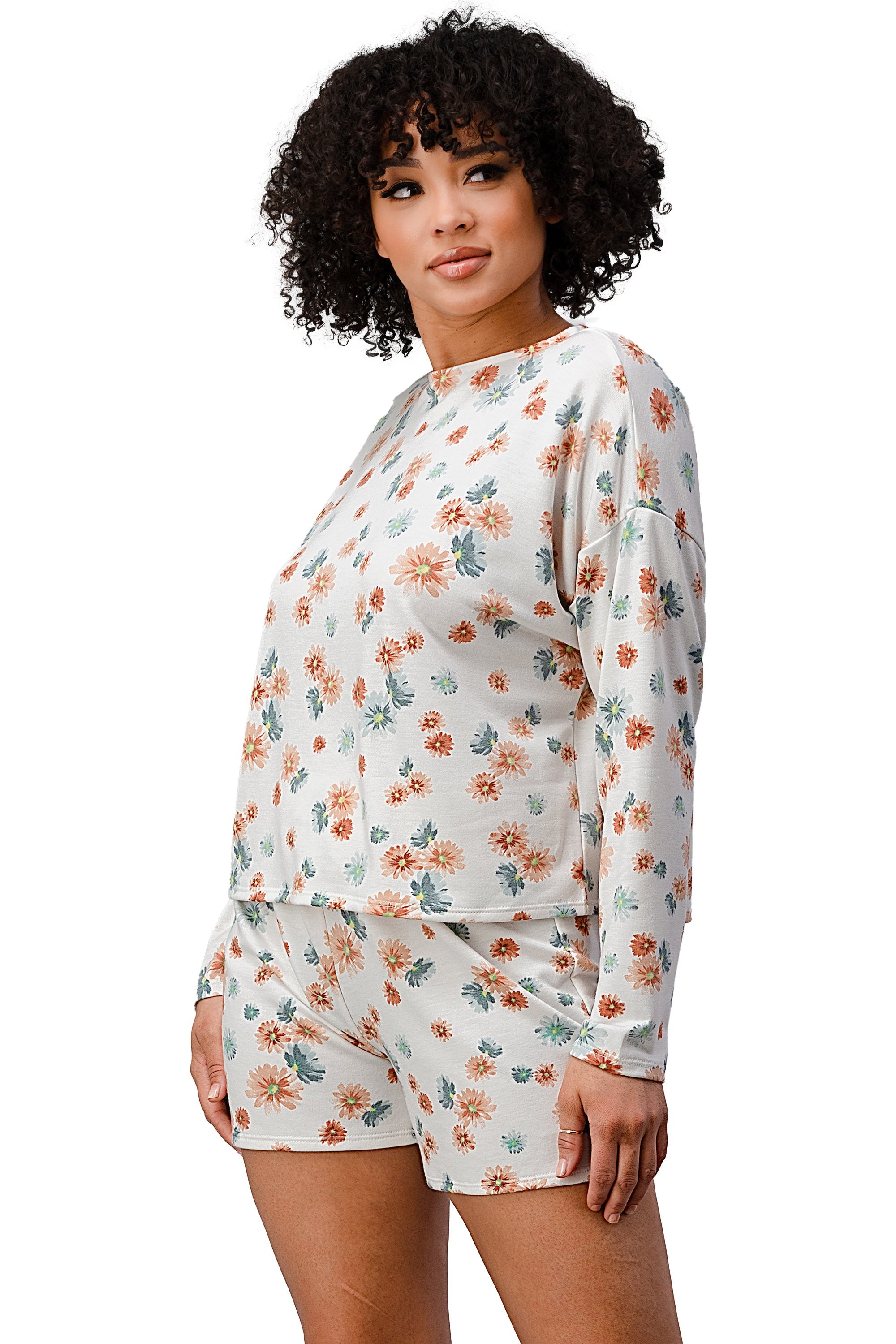 Floral Lounge Set - Comfy Long Sleeve Top and Shorts