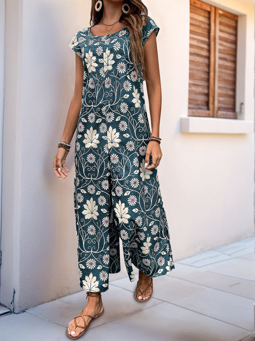 Perfee Printed Round Neck Cap Sleeve Wide Leg Jumpsuit