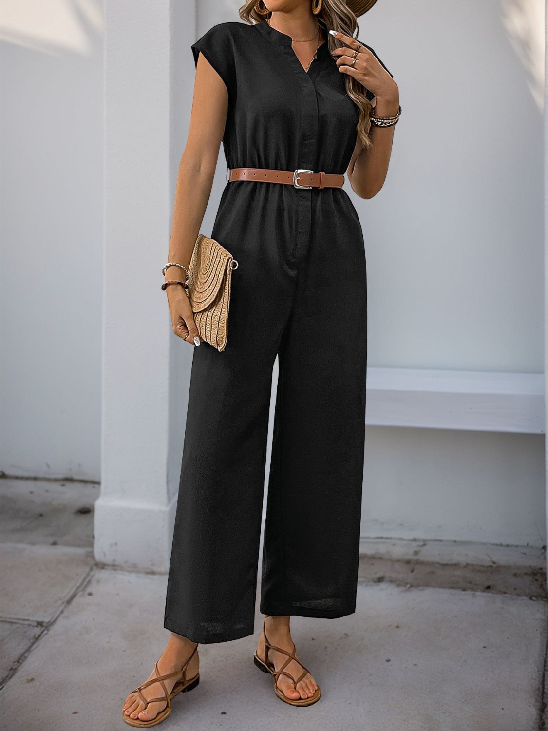 Perfee Notched Wide Leg Jumpsuit