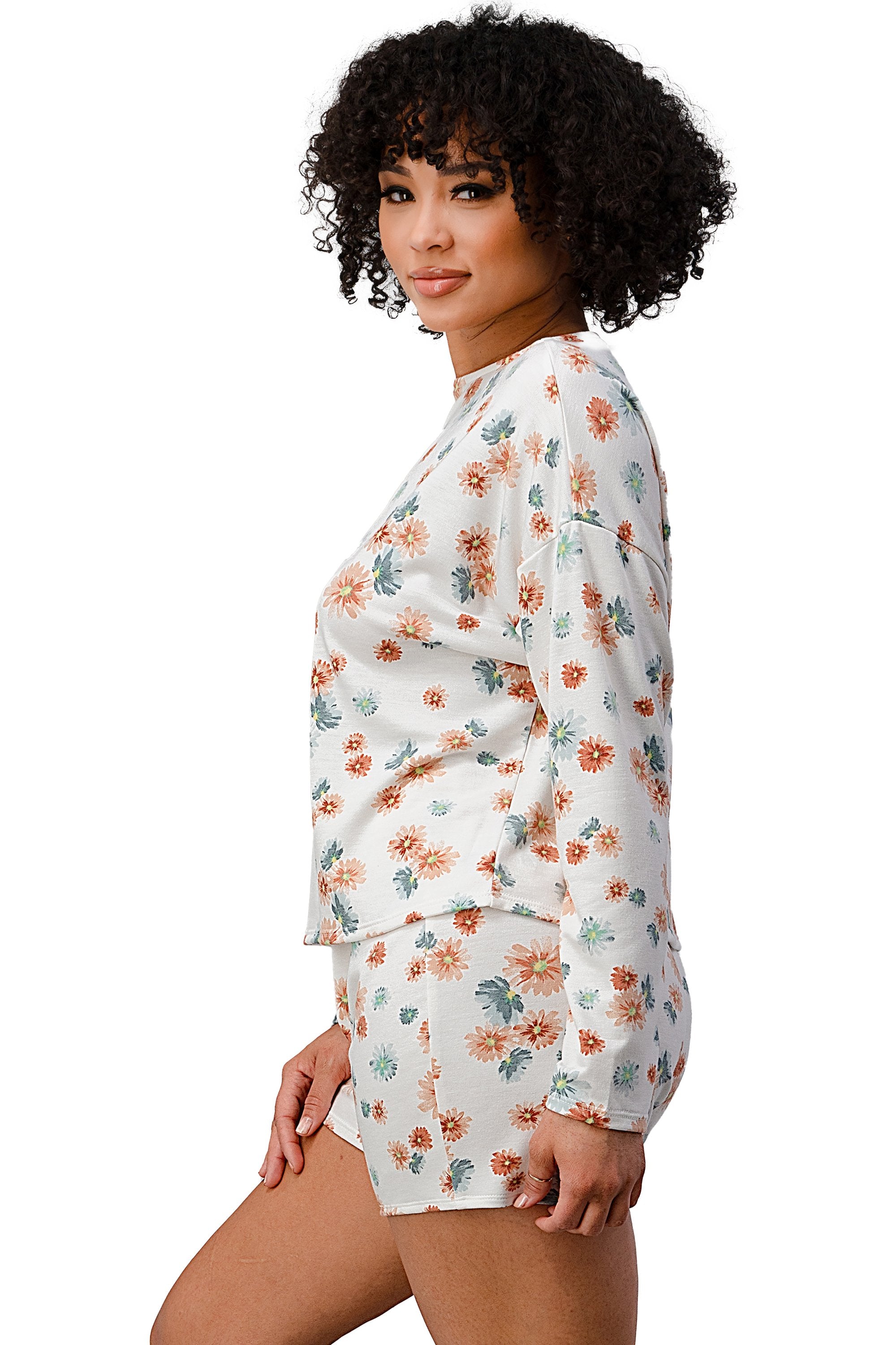 Floral Lounge Set - Comfy Long Sleeve Top and Shorts