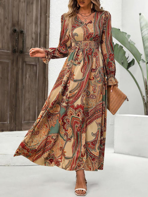 Smocked V-Neck Flounce Sleeve Dress - Stylish Printed Design