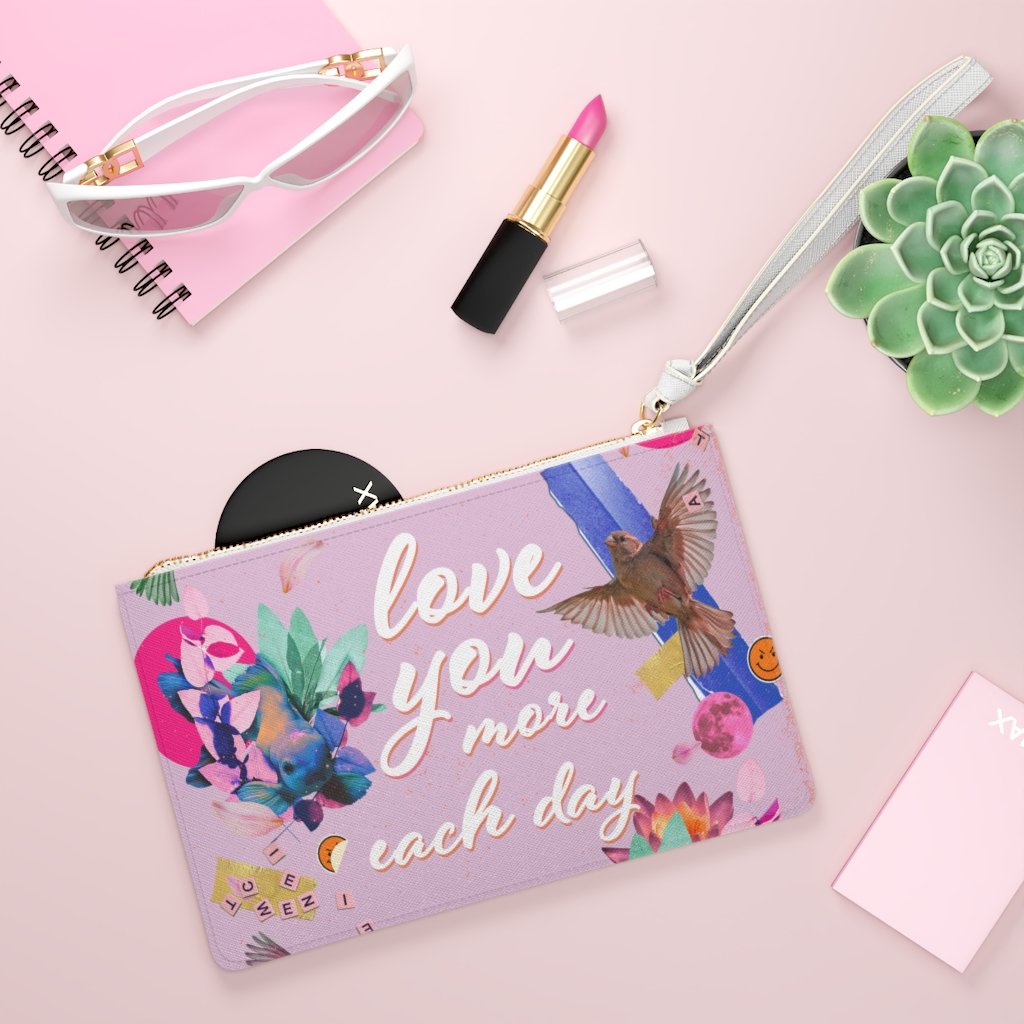 Love You More Each Day Floral Designed Zipped Clutch Bag