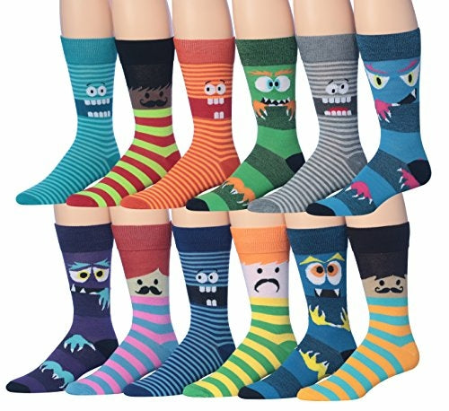 James Fiallo Mens 12 Pairs Funny Faces Striped Colorful Crew Socks