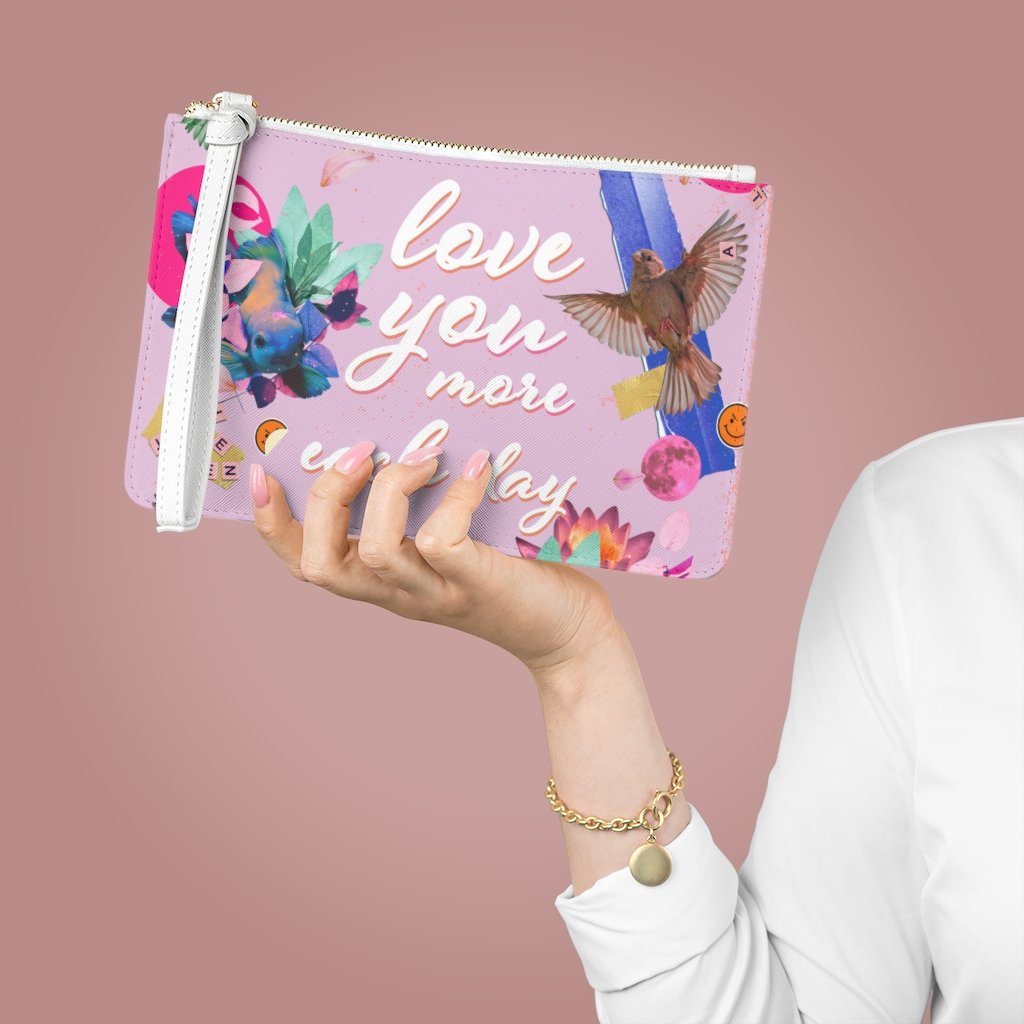 Love You More Each Day Floral Designed Zipped Clutch Bag