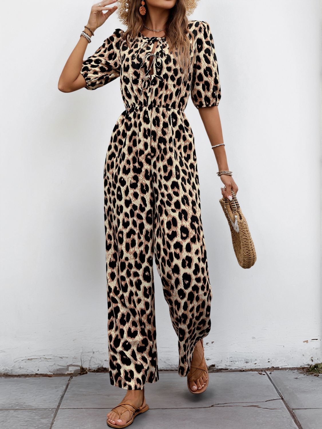 Perfee Tied Leopard Half Sleeve Jumpsuit