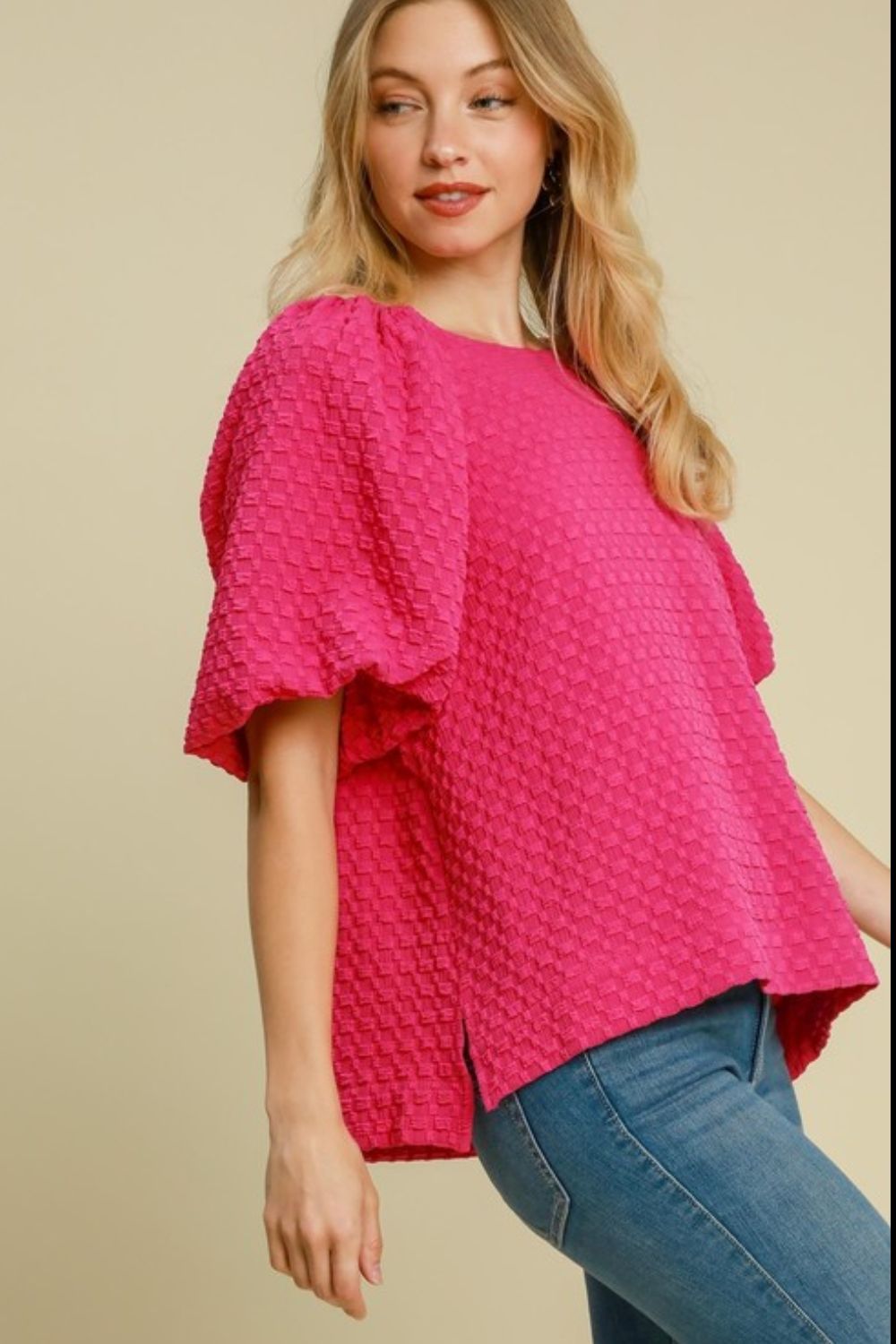 Boxy Cut Jacquard Round Neck Top with Side Slit