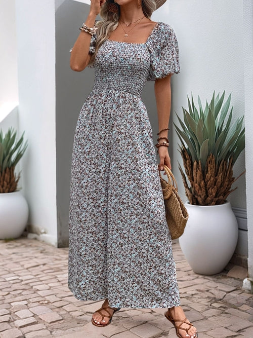 Perfee Ditsy Floral Smocked Square Neck Puff Sleeve Jumpsuit