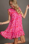 Umgee Full Size Smocked Detail Floral Metallic Ruffle Cap Sleeve Dress