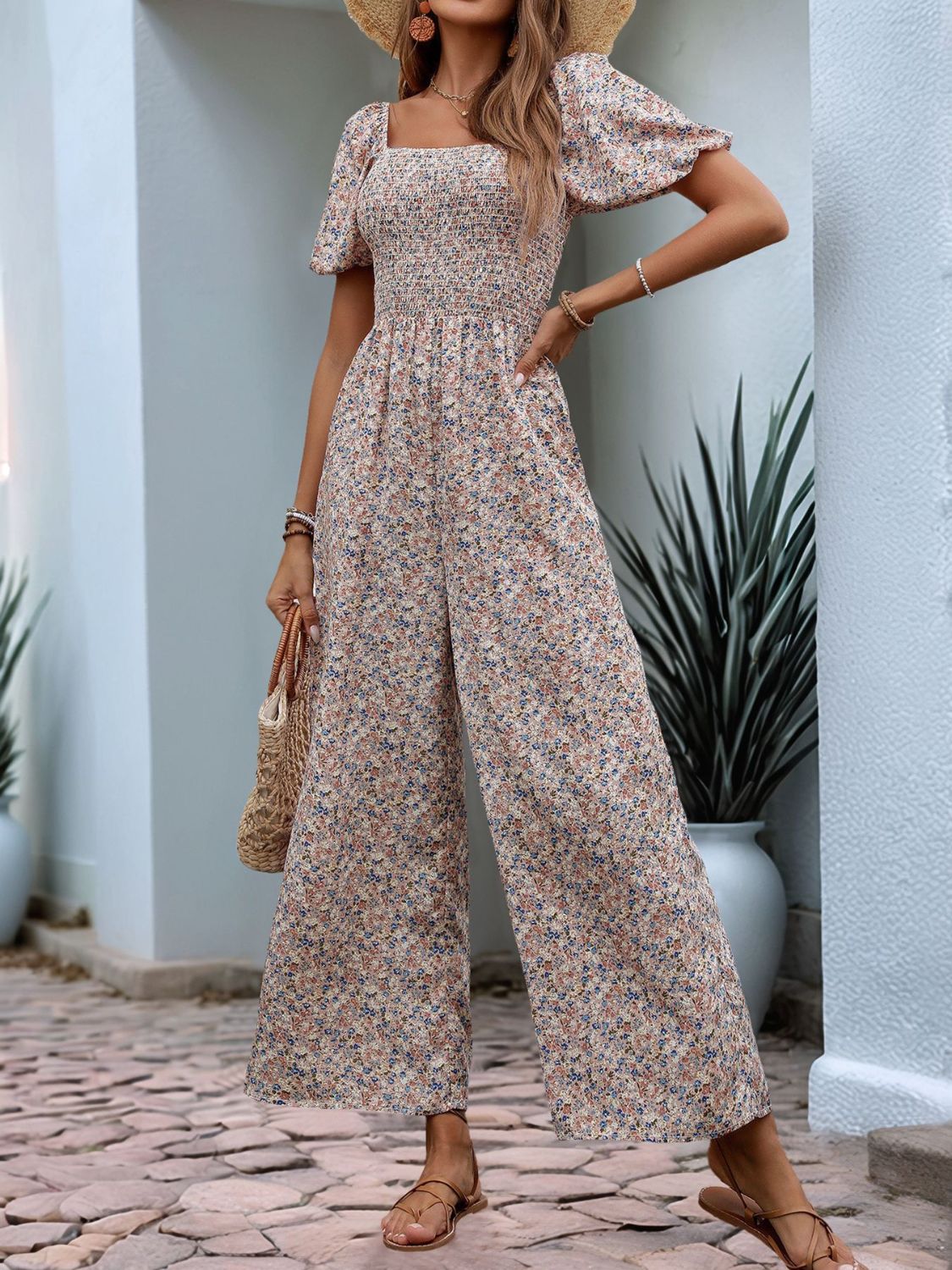 Perfee Ditsy Floral Smocked Square Neck Puff Sleeve Jumpsuit