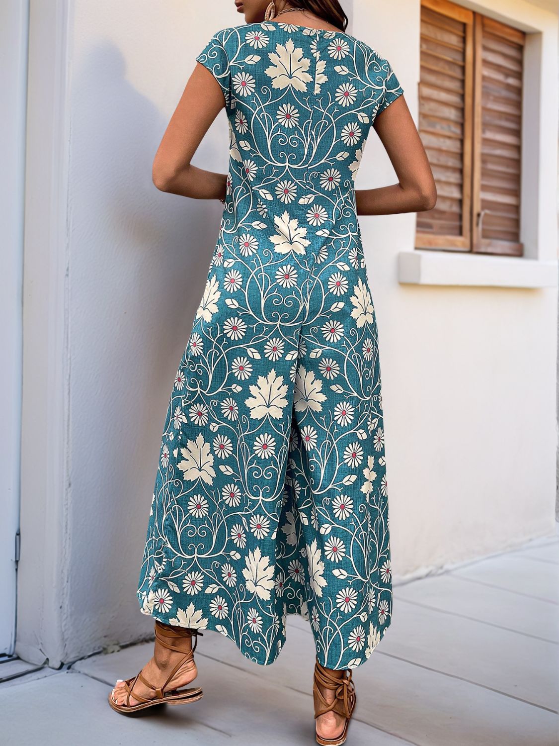 Perfee Printed Round Neck Cap Sleeve Wide Leg Jumpsuit