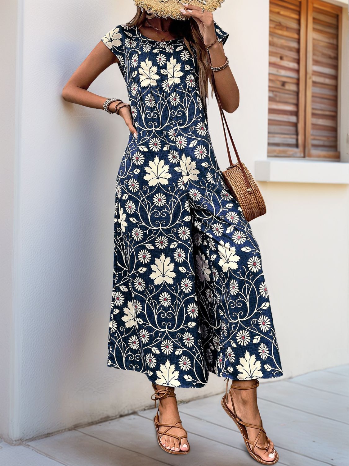 Perfee Printed Round Neck Cap Sleeve Wide Leg Jumpsuit