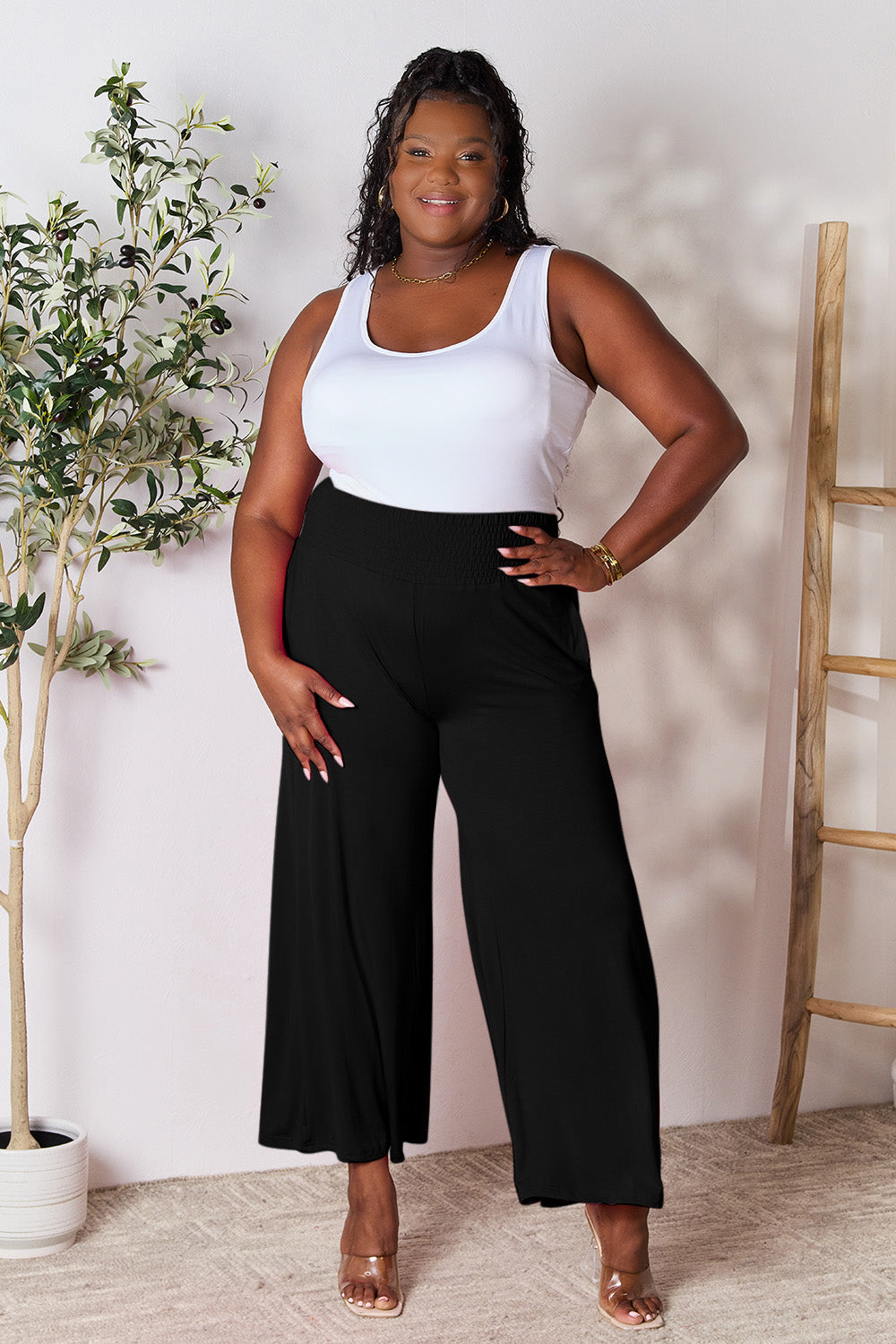 Basic Bae Full Size Smocked with Wide Waistband & Wide Leg Pants