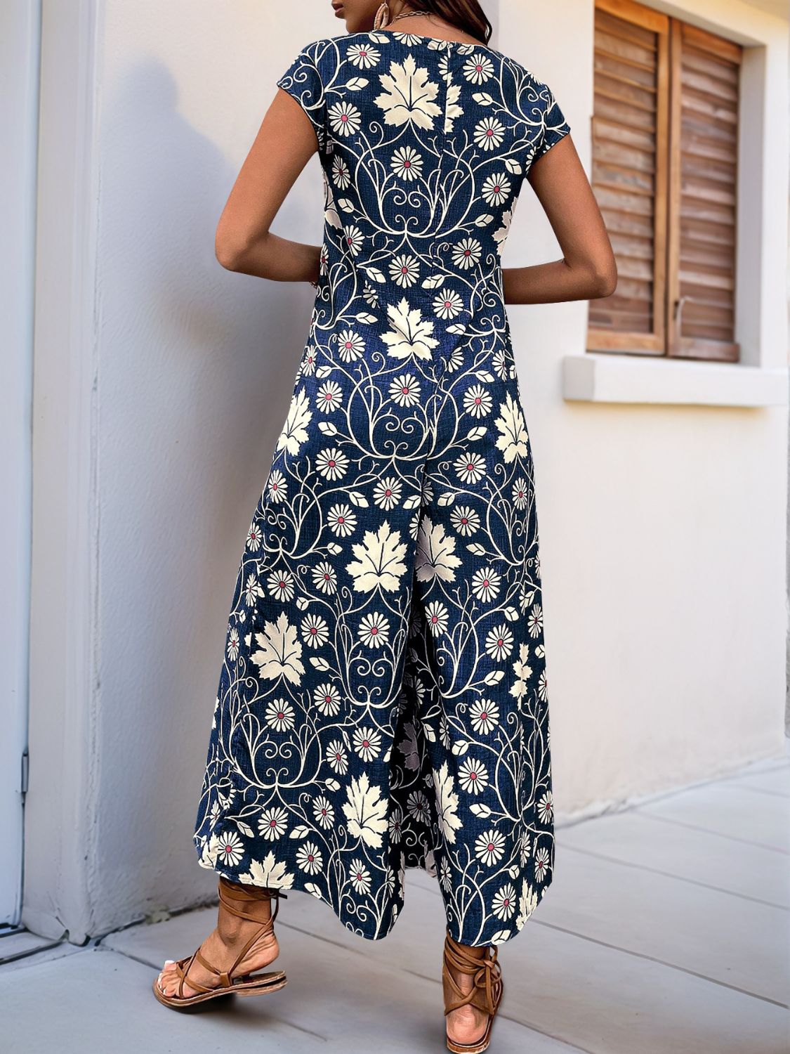 Perfee Printed Round Neck Cap Sleeve Wide Leg Jumpsuit