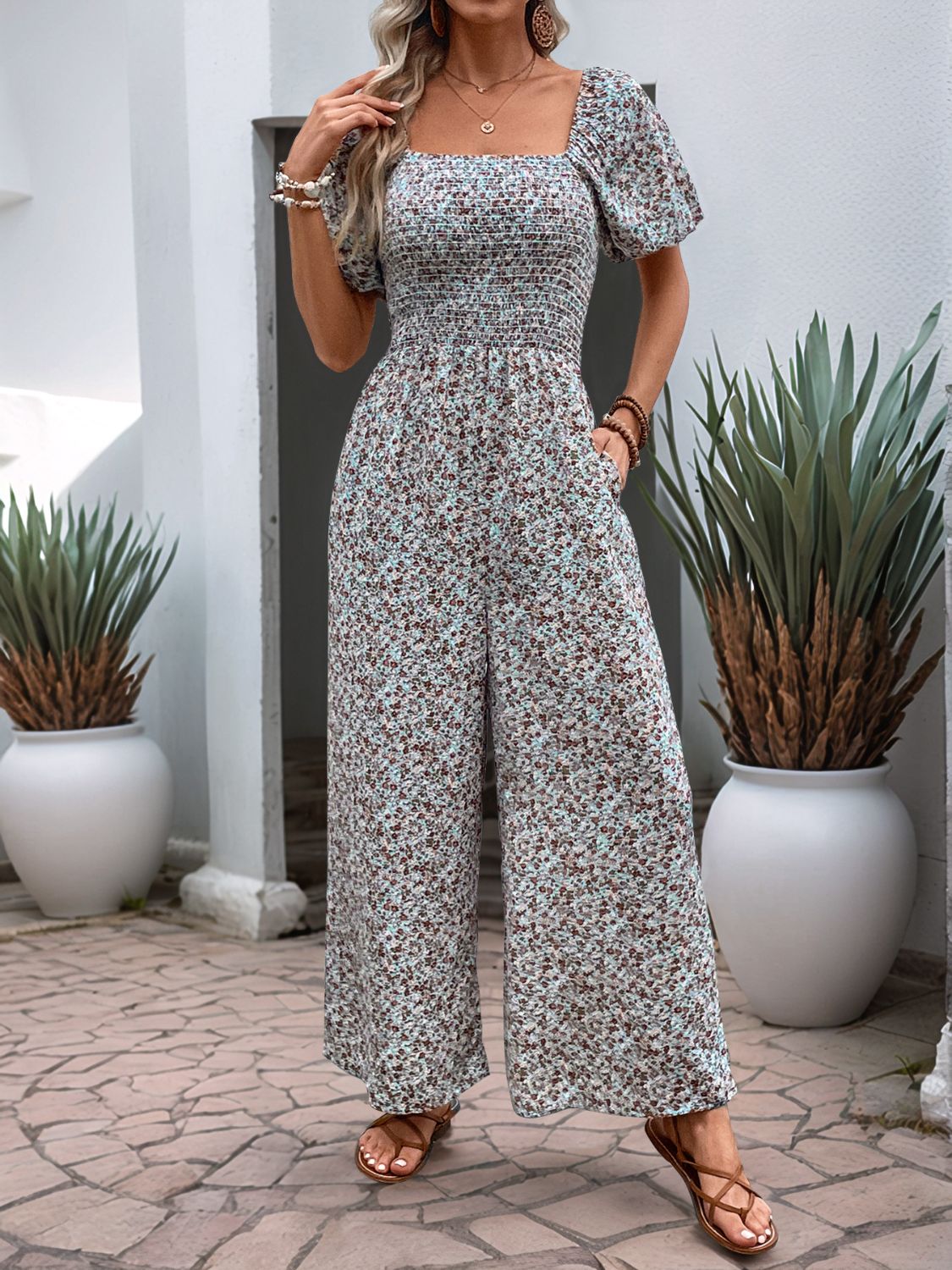 Perfee Ditsy Floral Smocked Square Neck Puff Sleeve Jumpsuit