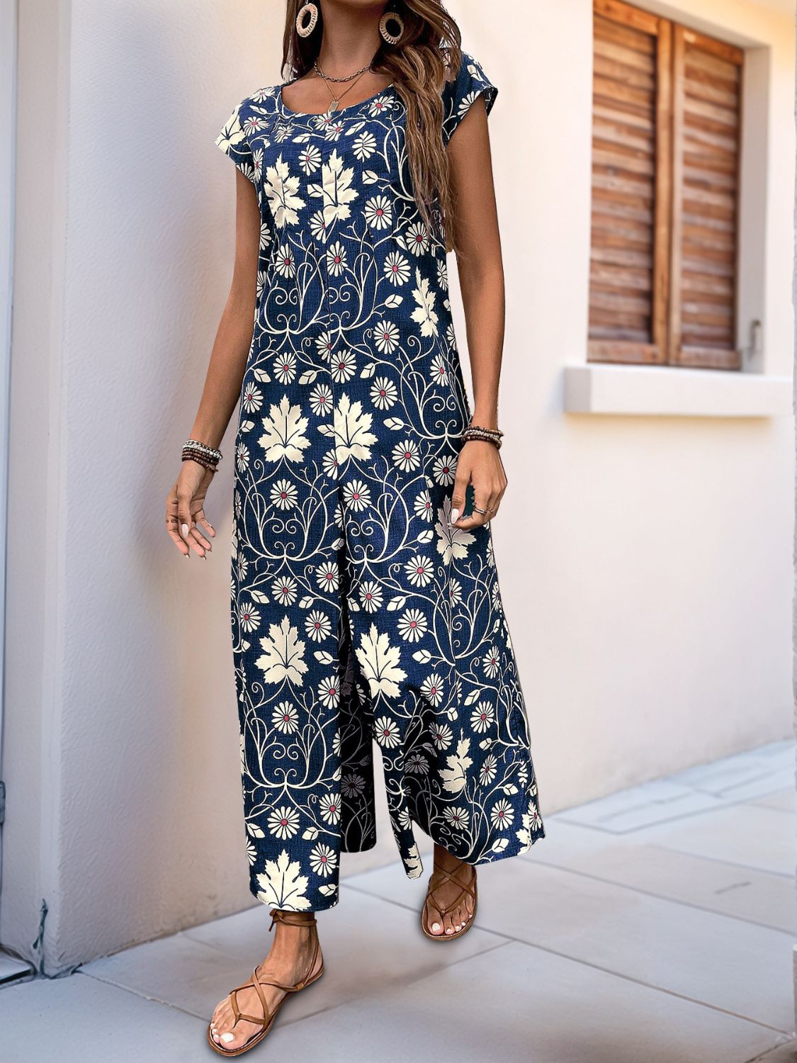 Perfee Printed Round Neck Cap Sleeve Wide Leg Jumpsuit