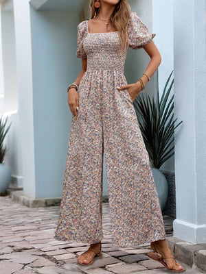 Perfee Ditsy Floral Smocked Square Neck Puff Sleeve Jumpsuit