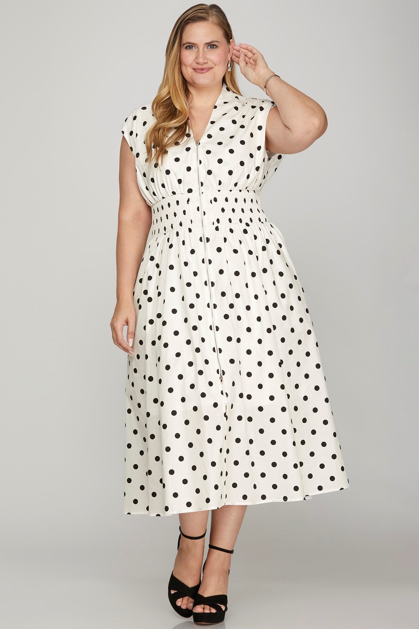 She + Sky Front Zip Polka Dots Cap Sleeve Midi Dress