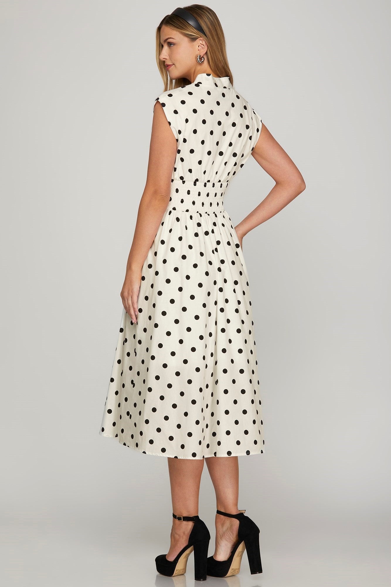 She + Sky Front Zip Polka Dots Cap Sleeve Midi Dress