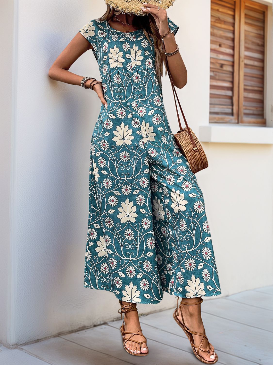 Perfee Printed Round Neck Cap Sleeve Wide Leg Jumpsuit