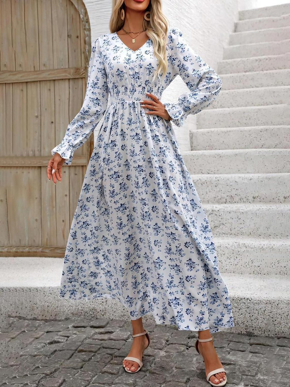 Smocked V-Neck Flounce Sleeve Dress - Stylish Printed Design