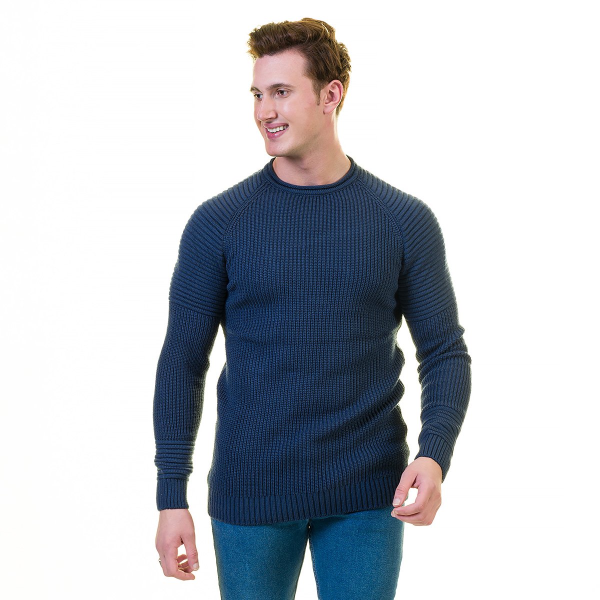 Blue Rounded Neck  European Wool Luxury Zippered With Sweater Jacket