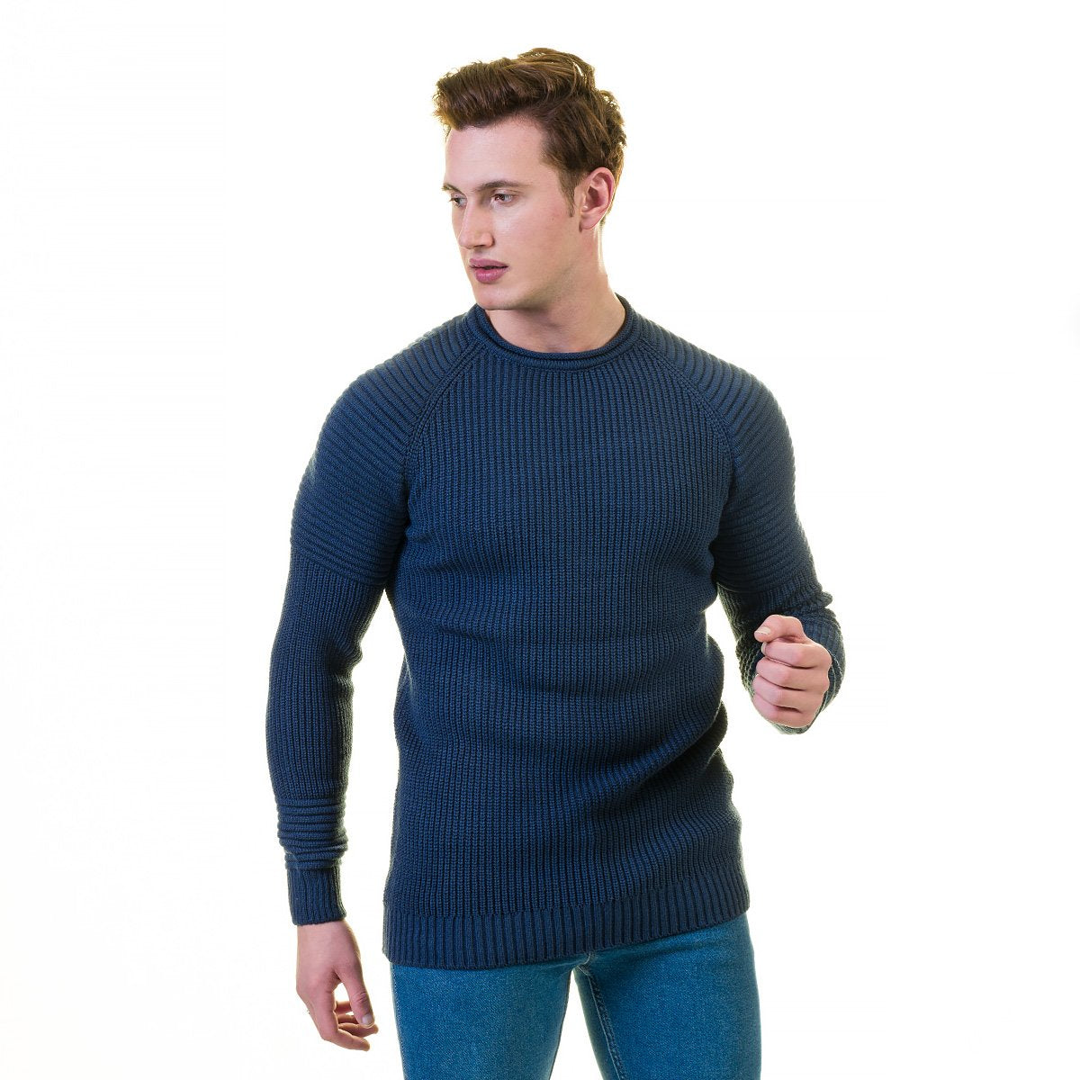 Blue Rounded Neck  European Wool Luxury Zippered With Sweater Jacket