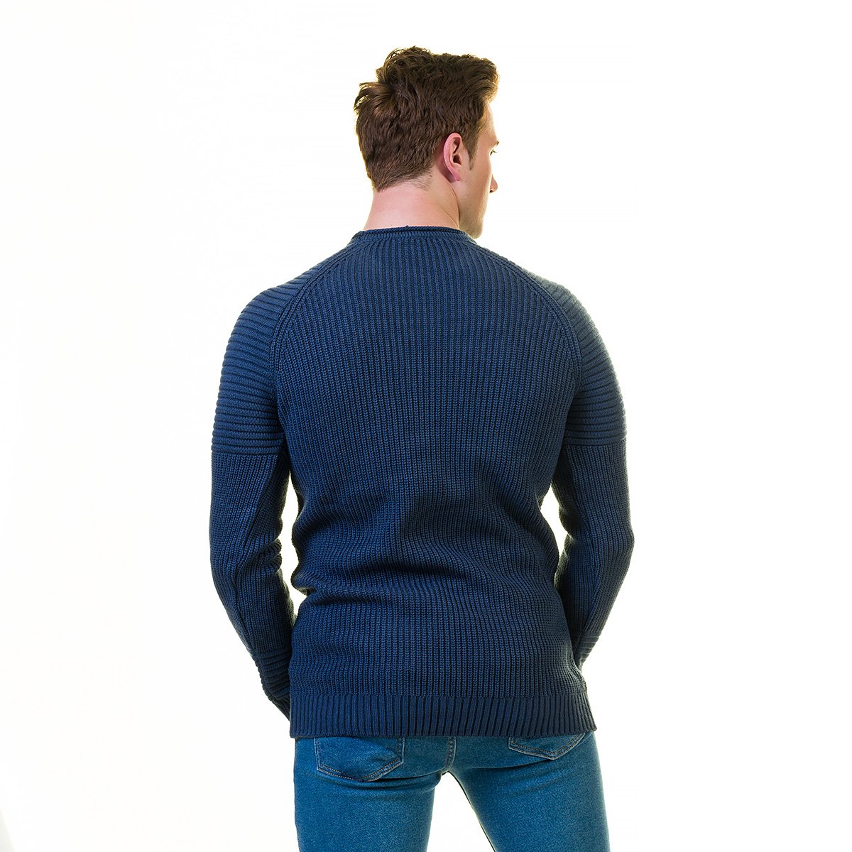 Blue Rounded Neck  European Wool Luxury Zippered With Sweater Jacket