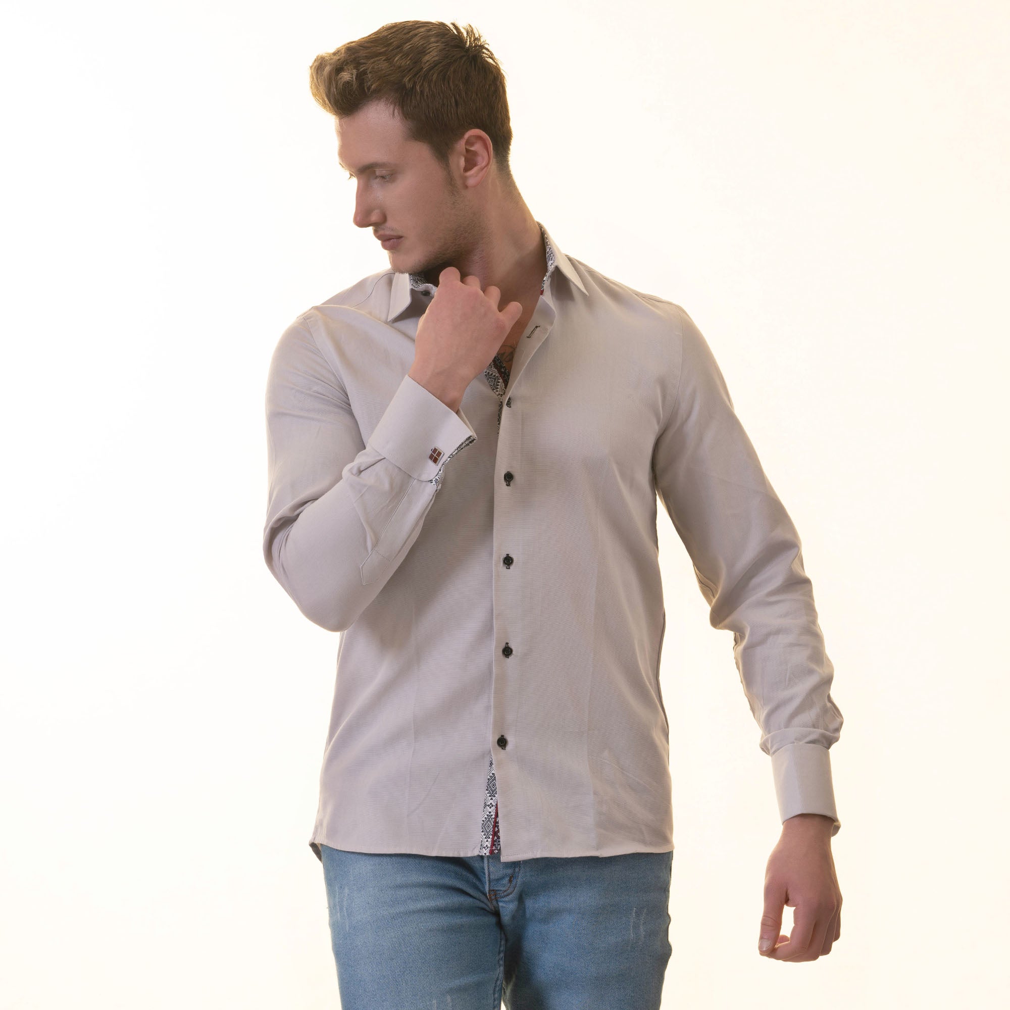 Gray with inside White Ptrined Double Cuff Shirt Mens Slim Fit