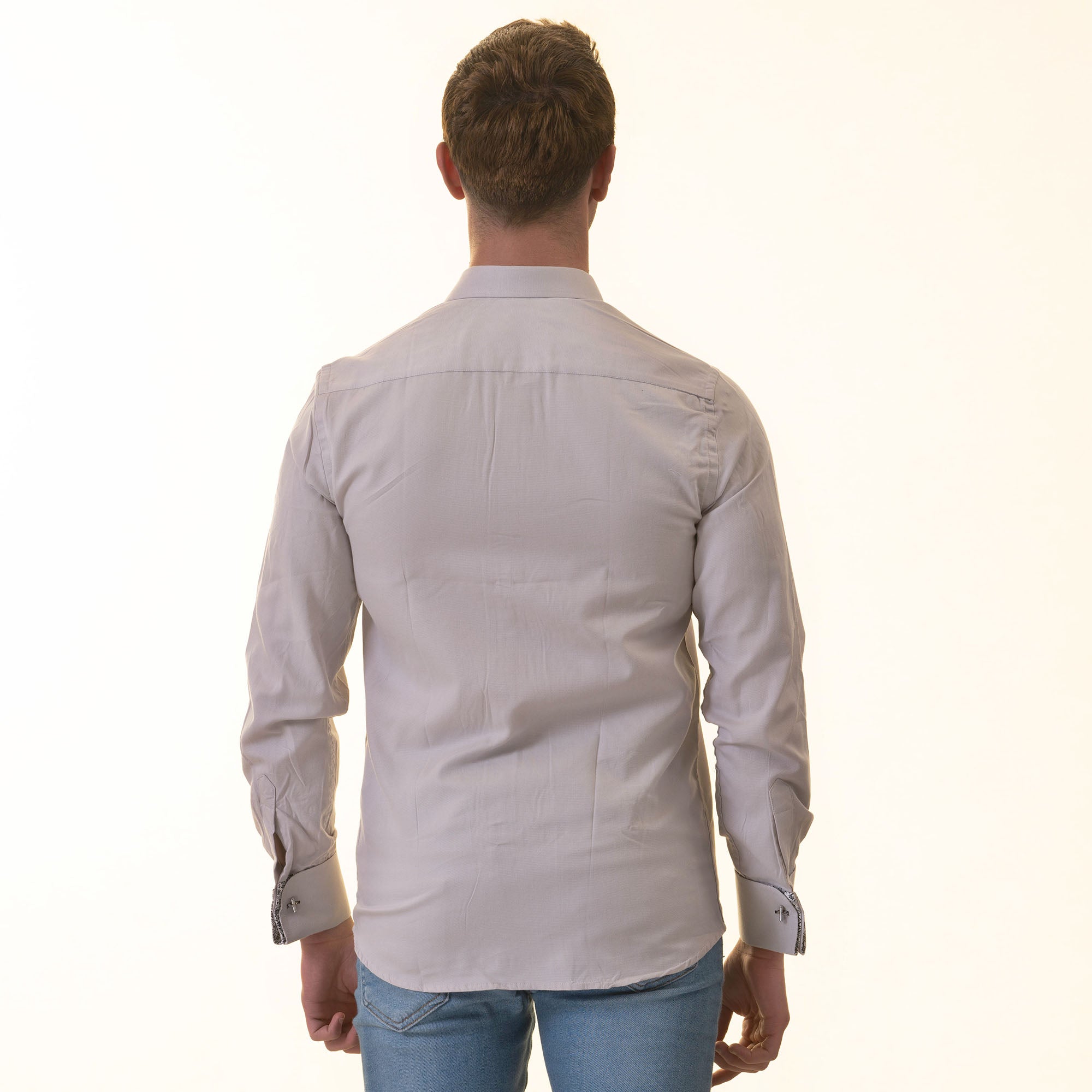 Gray with inside White Ptrined Double Cuff Shirt Mens Slim Fit