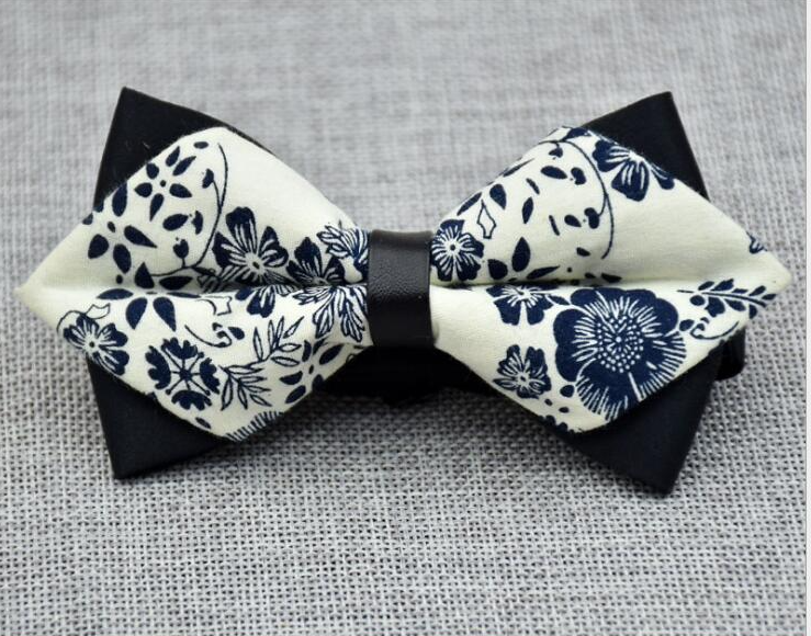 Men's White Blue Floral 100% Cotton Elegant Pre-Tied Bow Tie