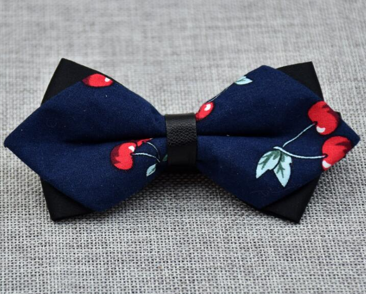 Men's Navy Blue Red Cherries 100% Cotton Pre-Tied Bow Tie