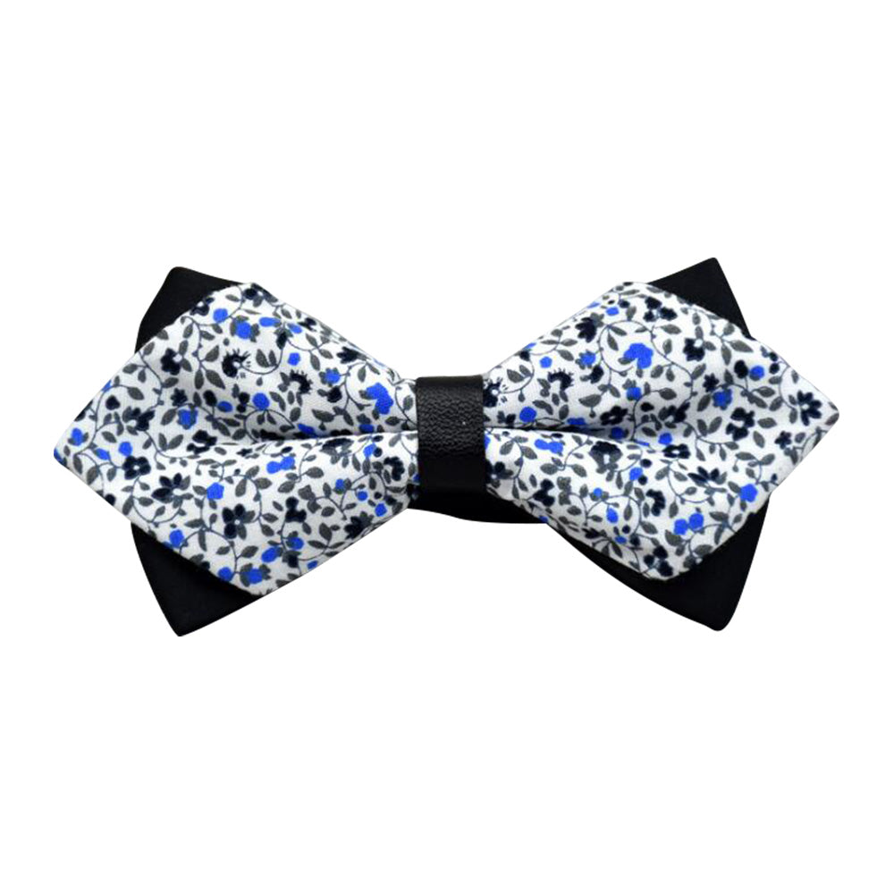 Men's White Blue Floral 100% Cotton Pre Tied Bow Tie