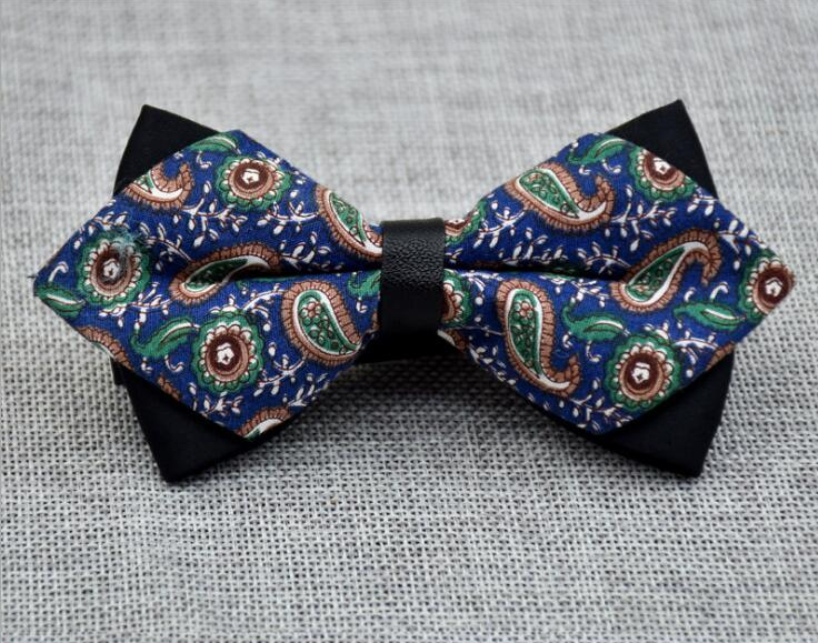 Men's Blue Green Paisley 100% Cotton Pre-Tied Bow Tie