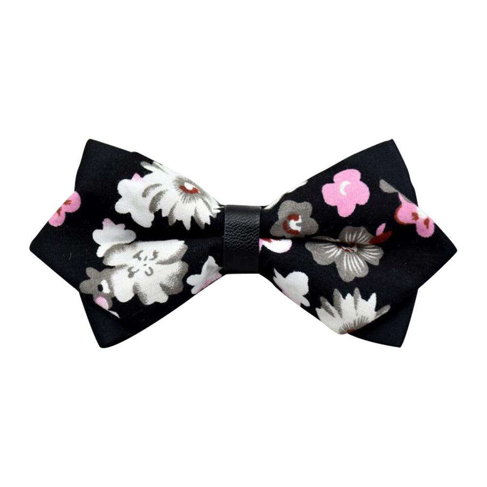 Men's Black White Floral 100% Cotton Pre-Tied Bow Tie